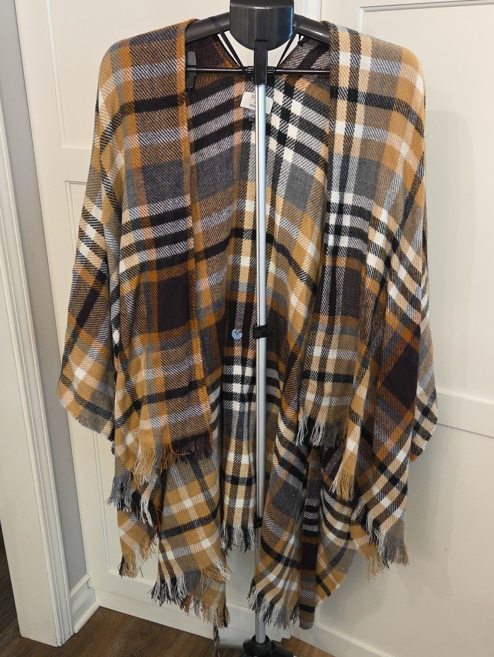 David and Young Plaid Fringe Wrap Cape - Carmel, Brown & Cream